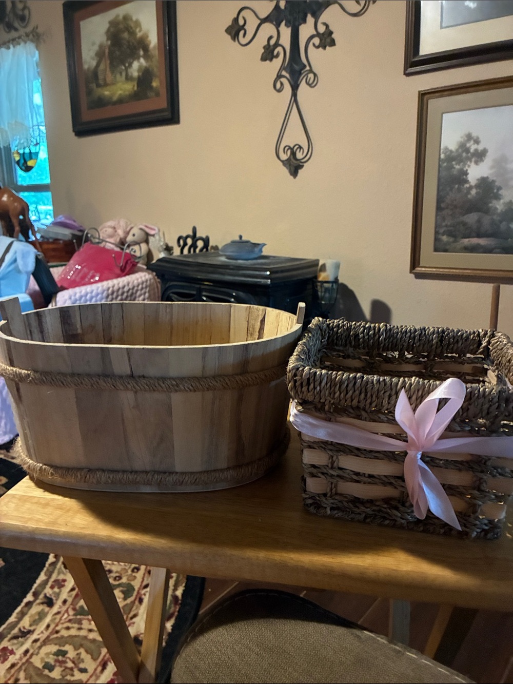 Set of 2 Baskets-Seagrass Basket w/Pink Ribbon & Wooden Basket w/rope